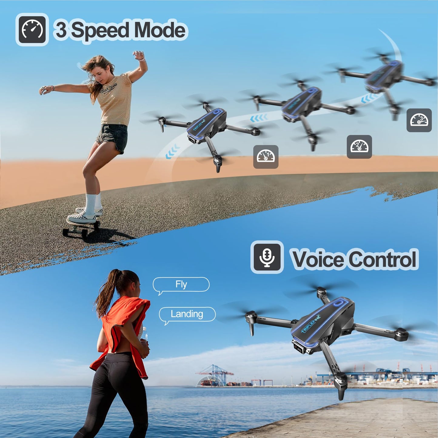 TRIPLEFINE TF770 Drone-with-Camera 1080P, 2 Batteries 25 Mins Flight Time, Kids-Drone Gestures Selfie, Voice Control, One Key Off/Land, 3D Flips, Drones-for-Kids 8-12, Adults, Beginners