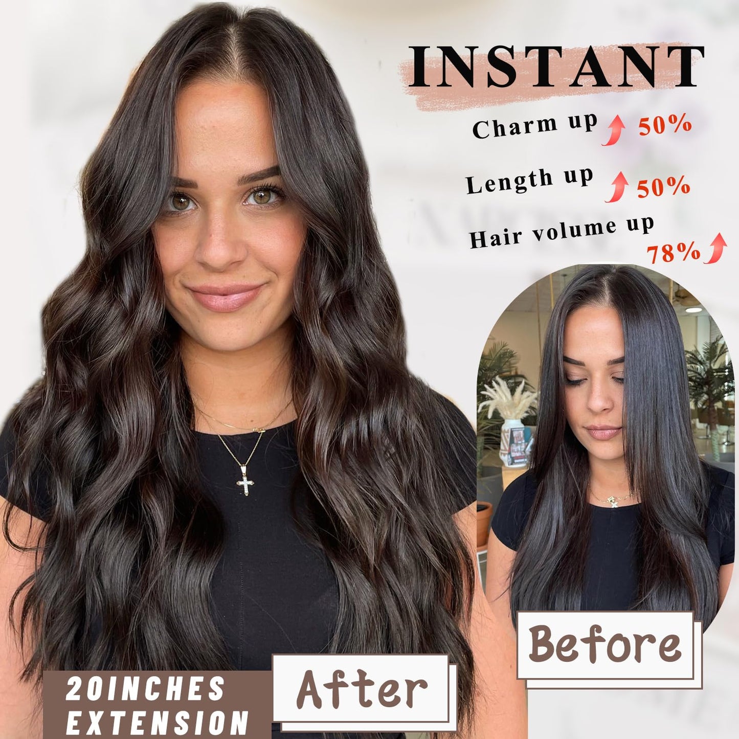 NAYOO 4PCS Clip in Hair Extensions Dark Brown Long Wavy Curly Synthetic Thick Hairpieces for Women with Fiber Double Weft Hair Full Head（20 inch, Dark Brown）