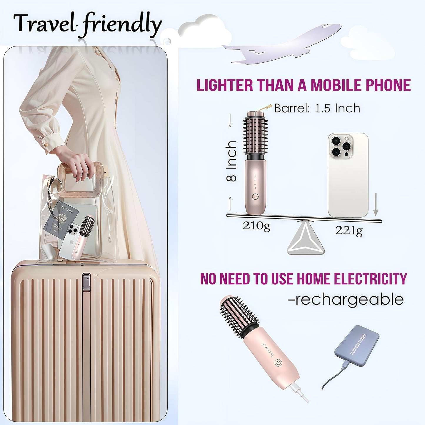 Satxtrem 2-in-1 Cordless Curling Iron & Straightener Brush,Heated Hair Styler with Needle Teeth Comb,USB-C Rechargeable,4 Temp,200M Ionic for Curls/Straightening/Smoothing (Women & Travel) (White)