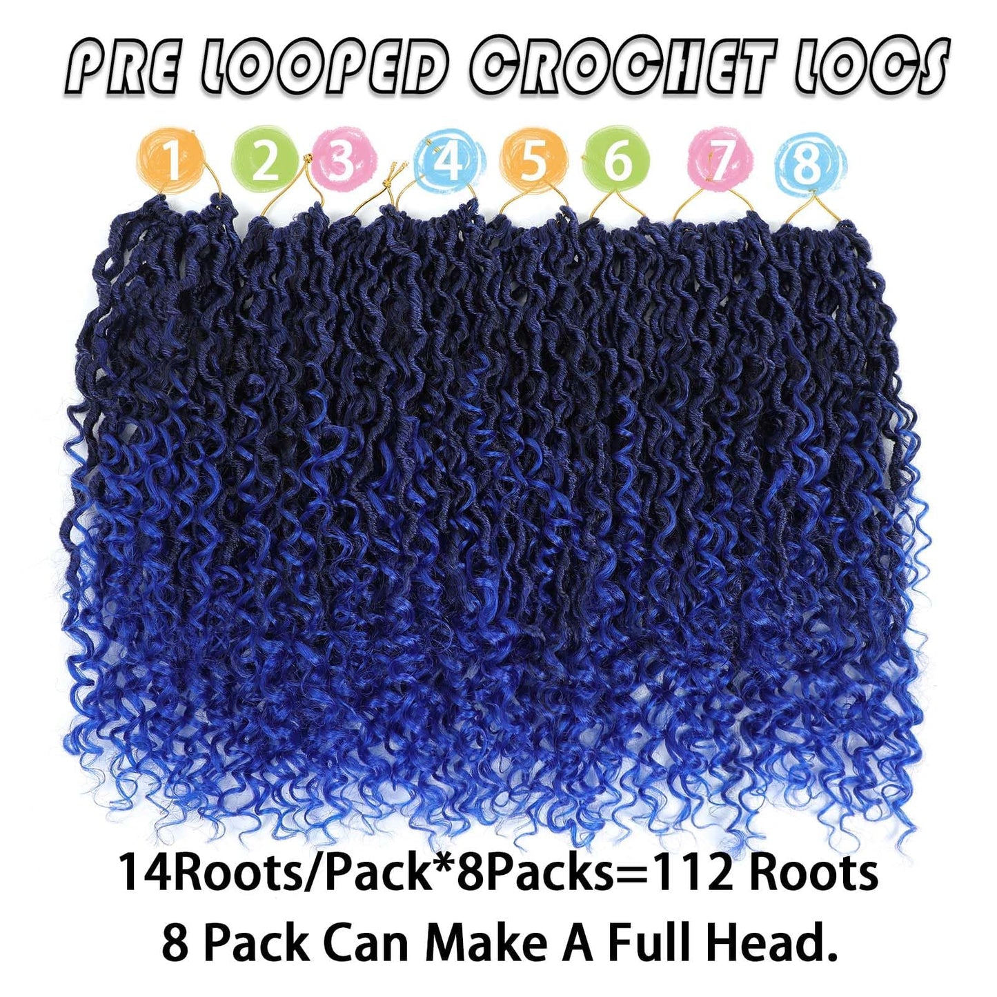 14 Inch 8 Packs Goddess Locs Crochet Hair Ombre Faux Locs Crochet Hair for Women Pre Looped Boho River Locs Crochet Hair with Curly Ends Synthetic (#TBlue)