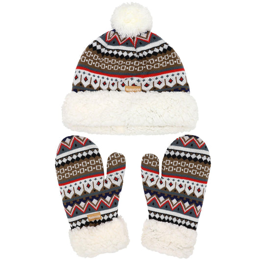 BambooMN Women's Classic Winter Fleeced Thermal Pom Pom Beanie Hat and Mittens Set, Brown Pattern
