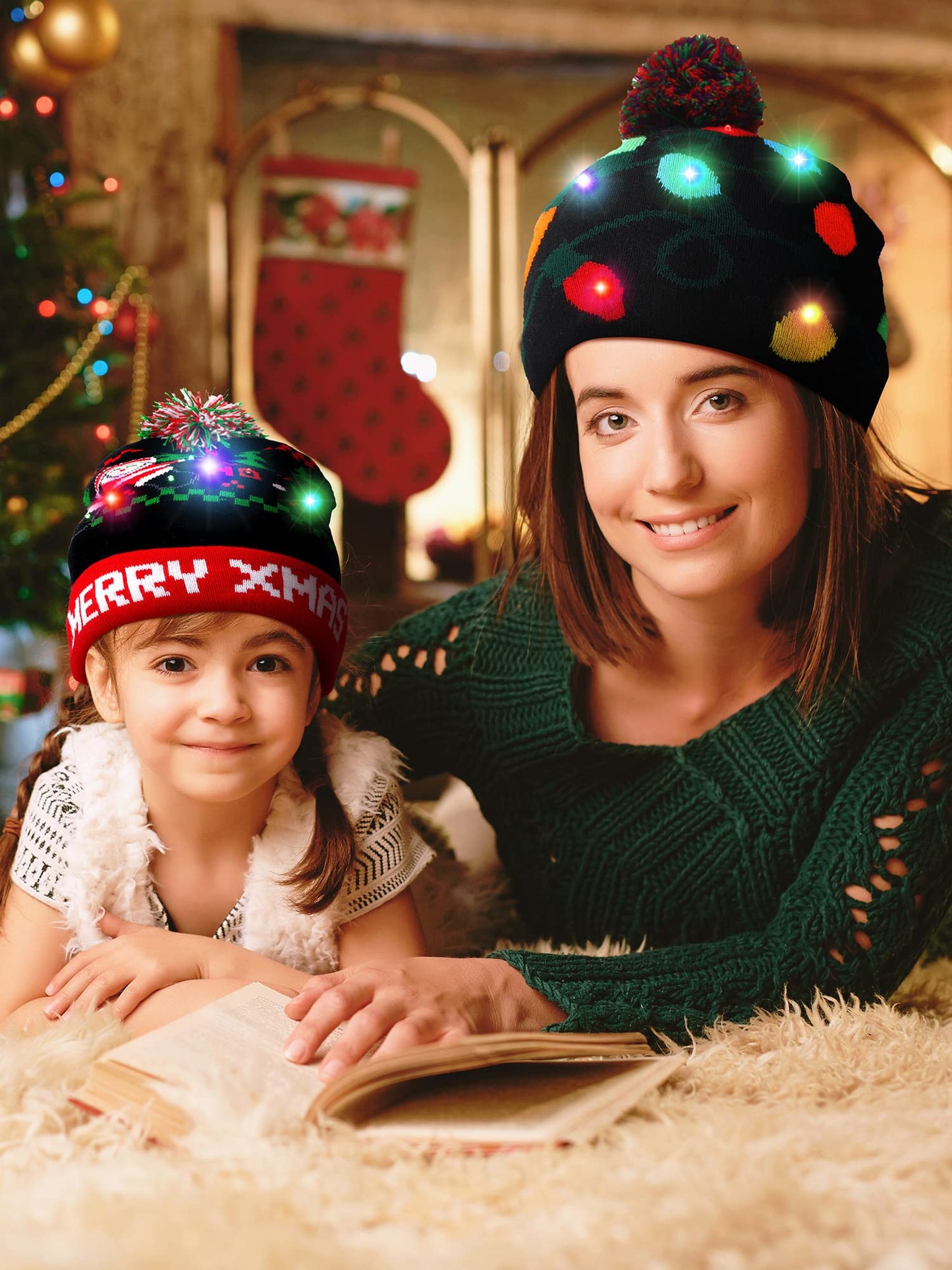 4 Pieces Led Christmas Knitted Hat Light up Xmas Beanie Cap Novelty Unisex Led Winter Snow Hat with 6 Colorful Led