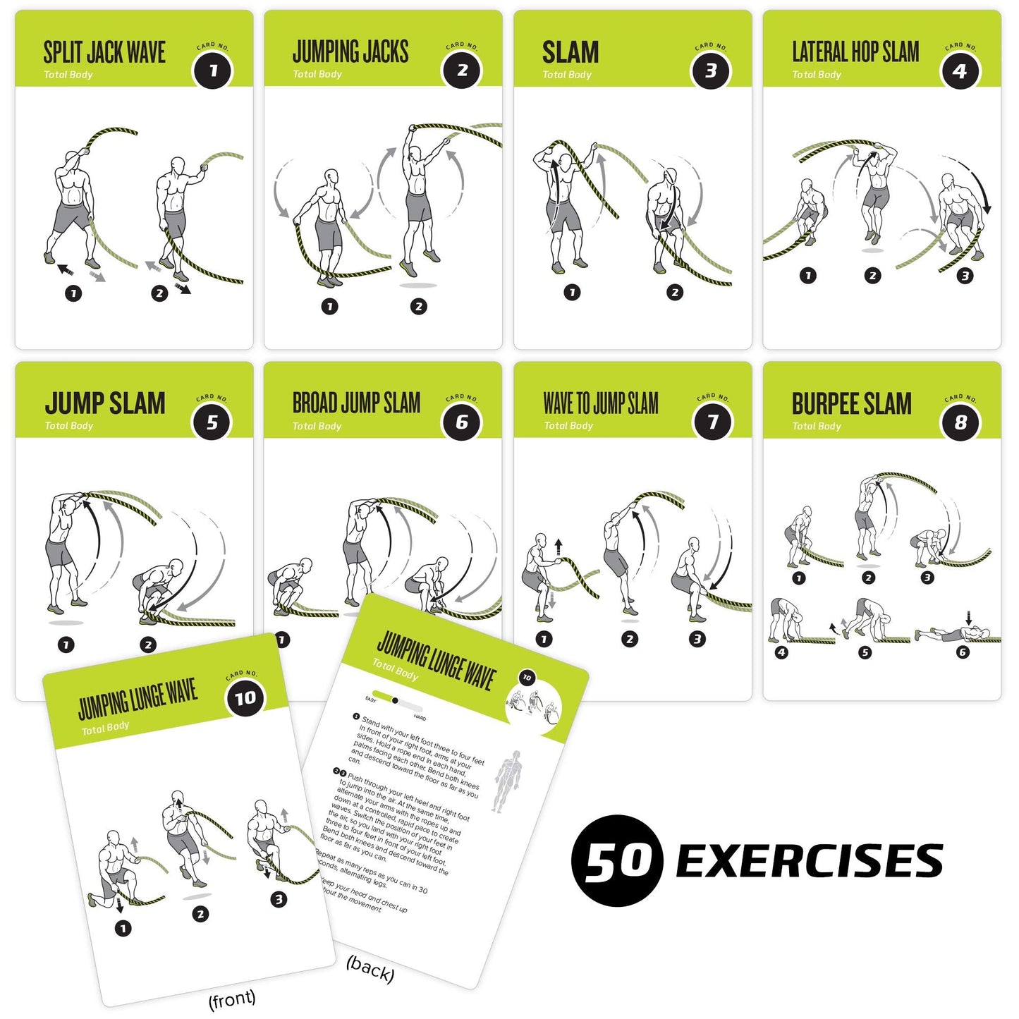 Battle Rope Exercise Cards, Set of 62 - with Guided Strength Training Workouts for Home or Gym :: Illustrated Fitness Cards with 50 Exercises :: Large Size, Durable & Waterproof