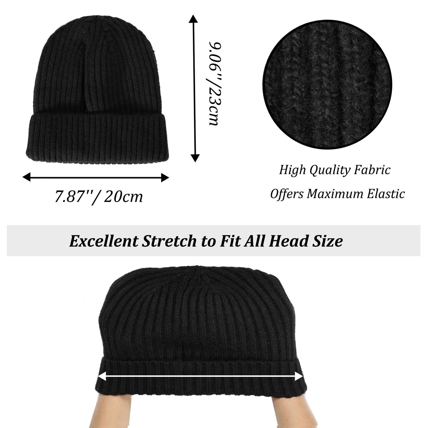 ZLYC Winter Slouchy Beanie Hat Warm Ribbed Knit Stretch Skull Cap for Women Men (Solid Black)