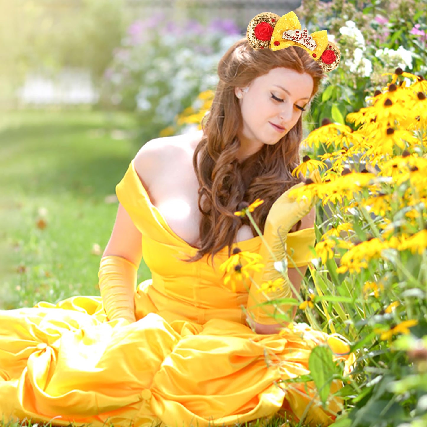 MADO belle mouse ears headband for women adults kids, yellow princess ears for adult kids women girls,Park mini ears headbands for women kids girls (yellow belle)