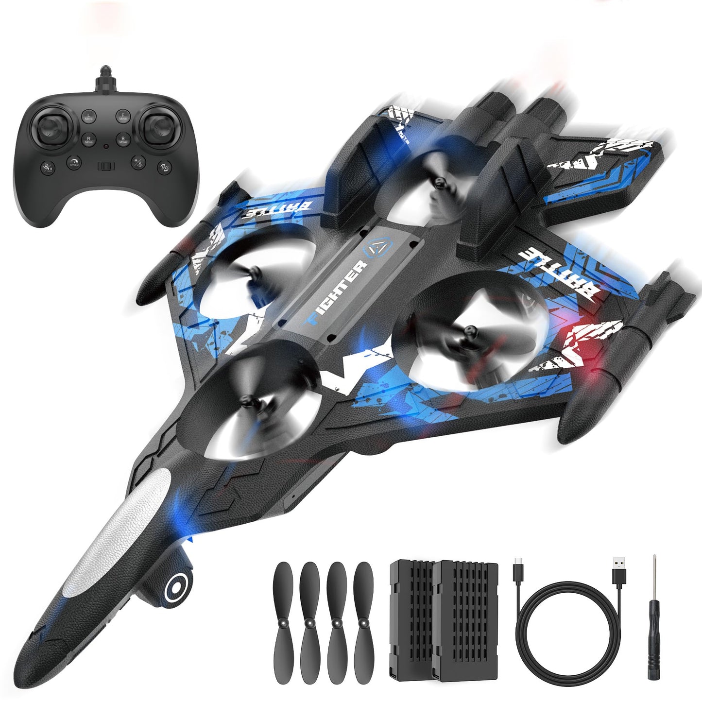 BEZGAR Drones for Kids | 2.4GHZ RC Plane, Remote Control Airplane, RC Helicopter, 360° Flip Fighter Jet Toy with Colorful LED Navigation Lights Blue, Toys for ages 8-13