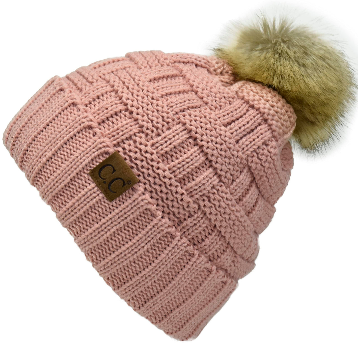 C.C. Beanie Thick Warm Fuzzy Sherpa Fleece Lining Ribbed Knitted Stretch Faux Fur Pom Beanie Hat