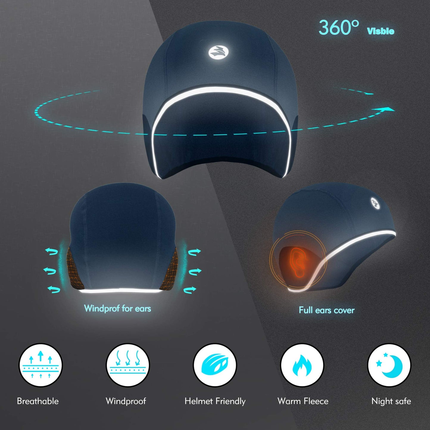 EMPISPORTS Thermal Helmet Liner Skull Cap Ears Windproof Protection Winter Warm Cycling Running Skiing Beanie Winter (Black + DK Grey Mel., 2)