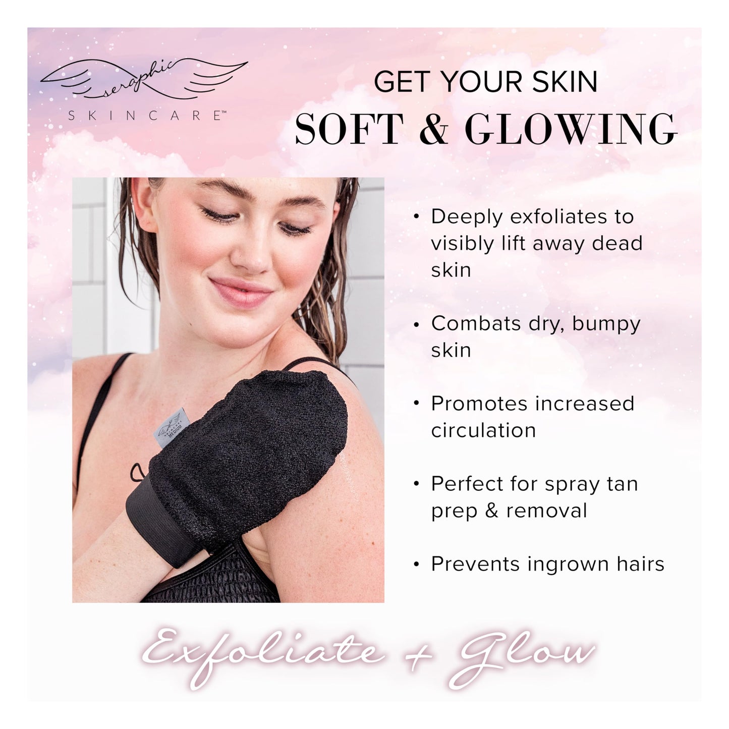 Seraphic Skincare Premium Exfoliating Mitt for Body, Medium – Viscose Fiber Korean Exfoliating Glove for Normal to Dry Skin – Body Exfoliator for Self-Tan Removal and Application