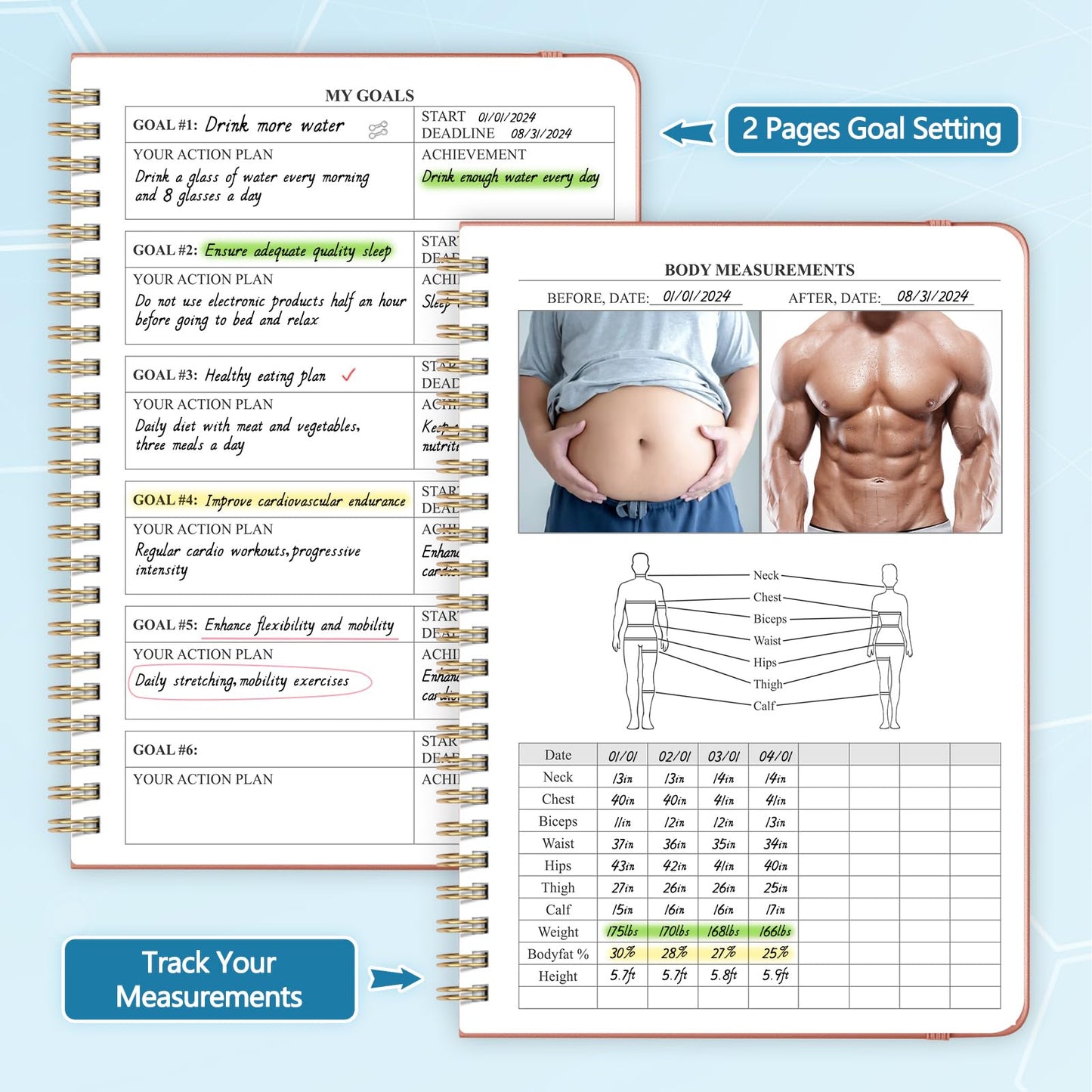 Fitness Journal Workout Journal for Women & Men, Hard Cover Leather Fitness Planner, Workout Log Book With Gym Goals, Calendar, Progress Tracker, A5-5.7" x 8.3" - Rose Gold