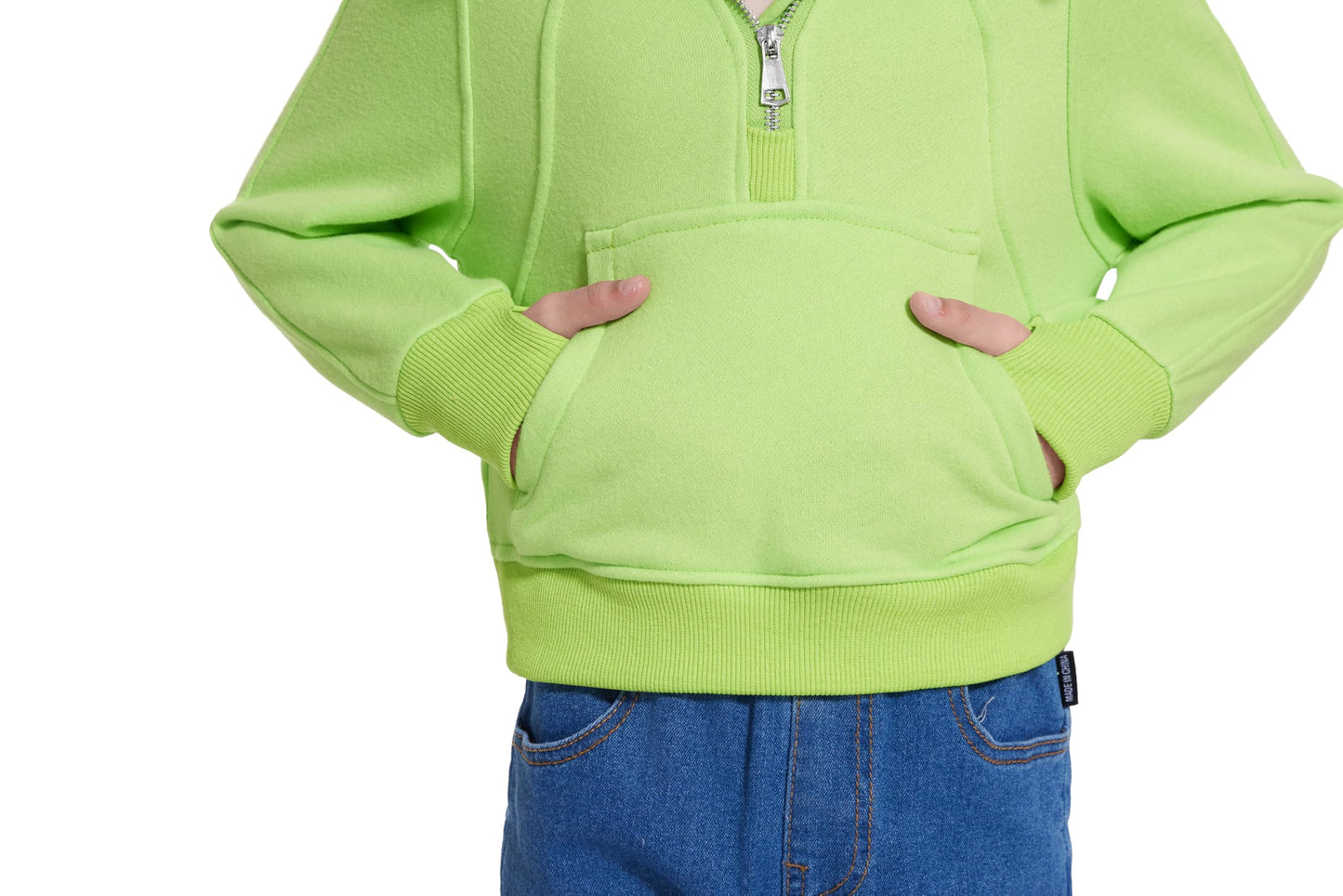 Fdqin Sweatshirt for Kid Half Zip Up Cropped Hoodies for Girls Fleece Pullover Tops Winter Clothes Neon Green 7-8Years