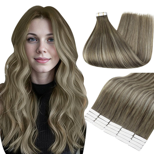 Full Shine Ombre Tape in Hair Extensions Human Hair Color 7 Fading to 1000 Blonde and 7 Brown Seamless Tape Extensions 20PCS 30grams Tape Ins Human Hair Extensions 12 Inch Short Extensions