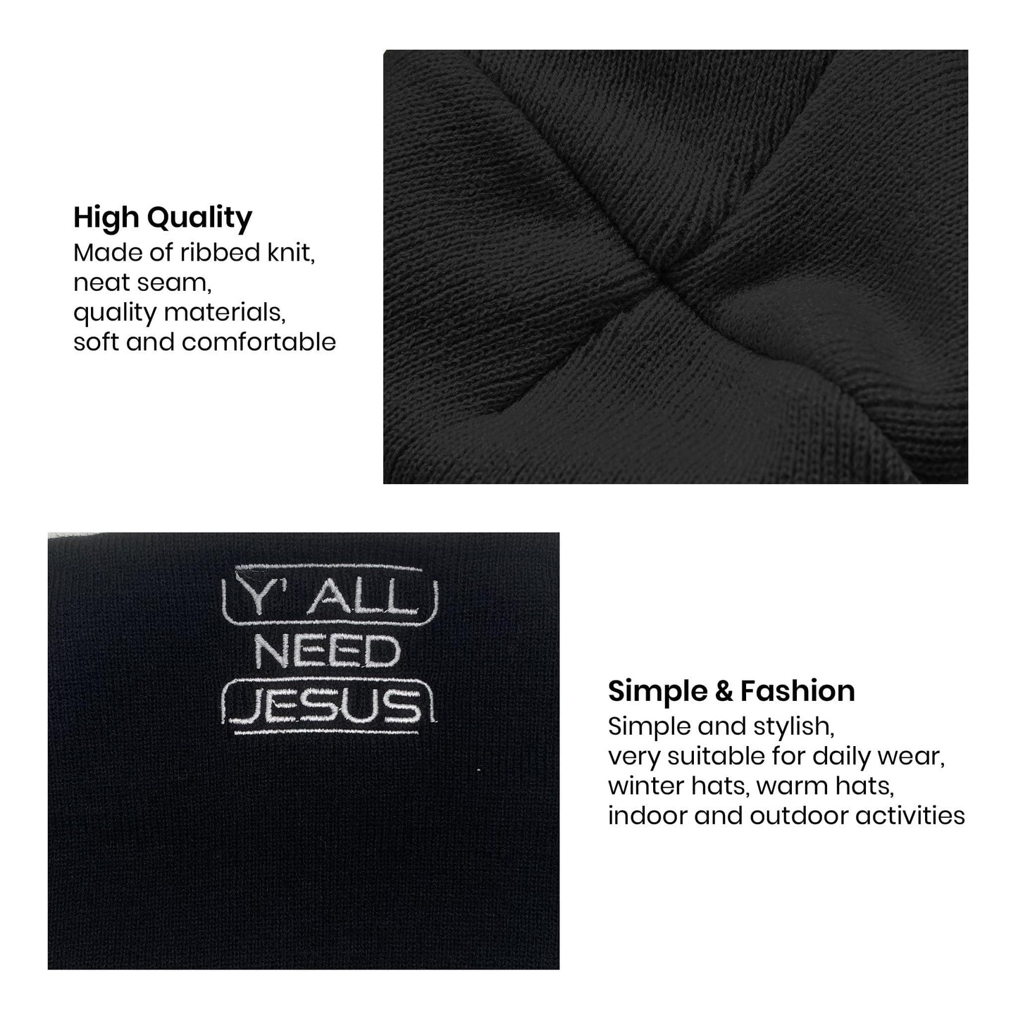 Y'all Need Jesus Embroidery Beanie for Men & Women, Faith Multi-Season Stretch Skull Knit Hats, Winter Warm Beanie