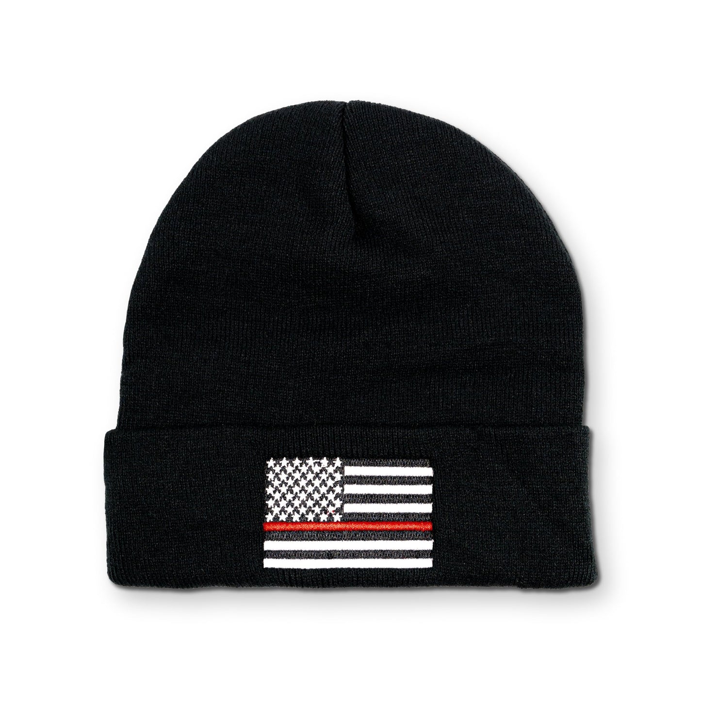 Thin Red Line Black Beanie Embroidered Hat, Firefighter Beanie