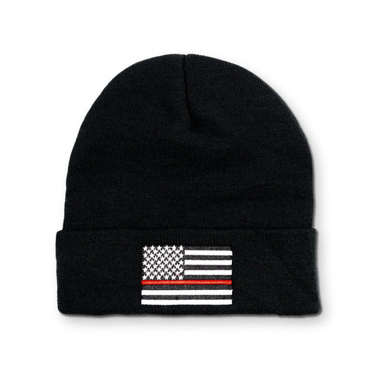 Thin Red Line Black Beanie Embroidered Hat, Firefighter Beanie