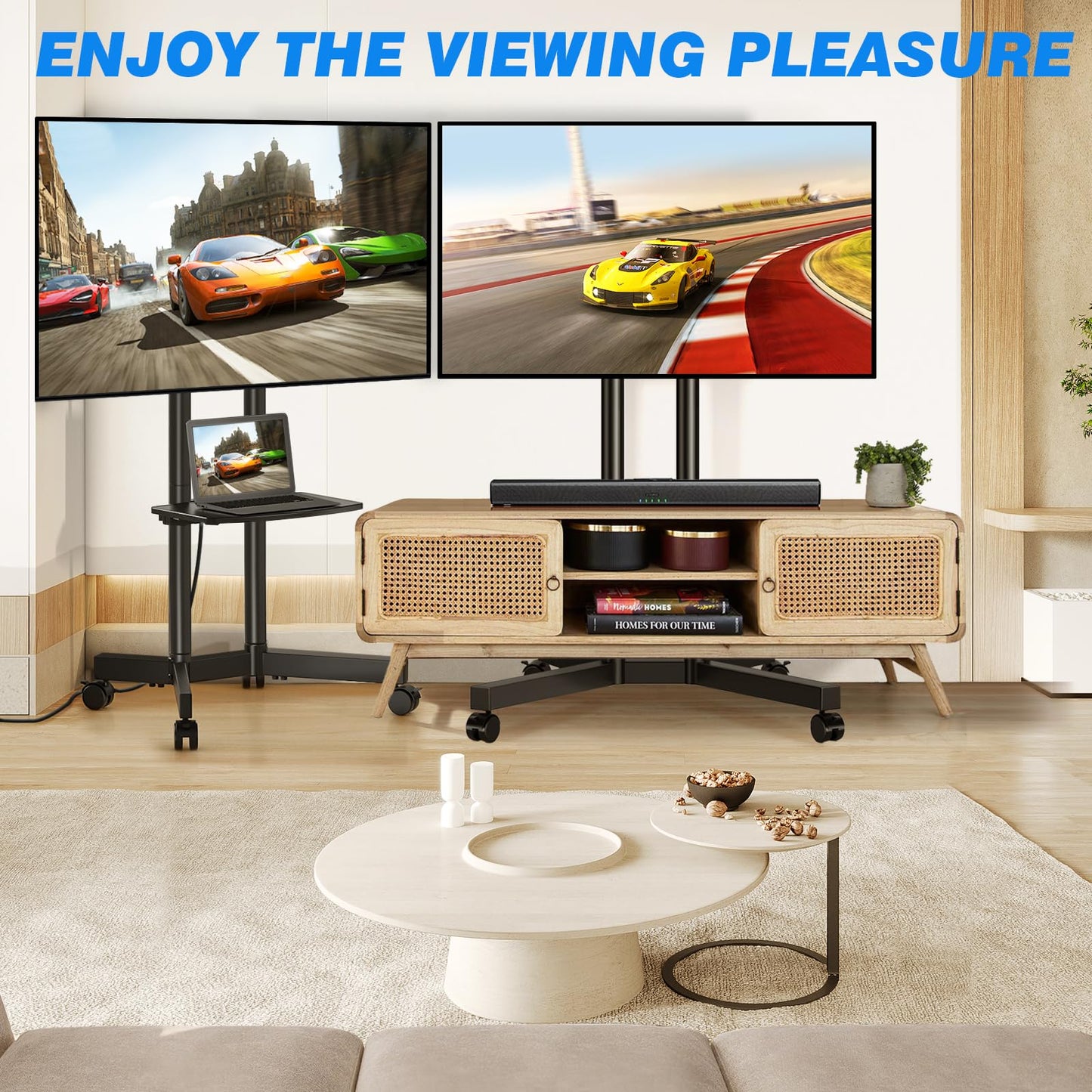 Rfiver Mobile TV Cart Rolling TV Stand with Power Outlet for 32-75 Inch Screens, Portable TV Stand on Wheels with Height Adjustment, Outdoor TV Mount Stand with Shelf Holds up to 88lbs for Home Office