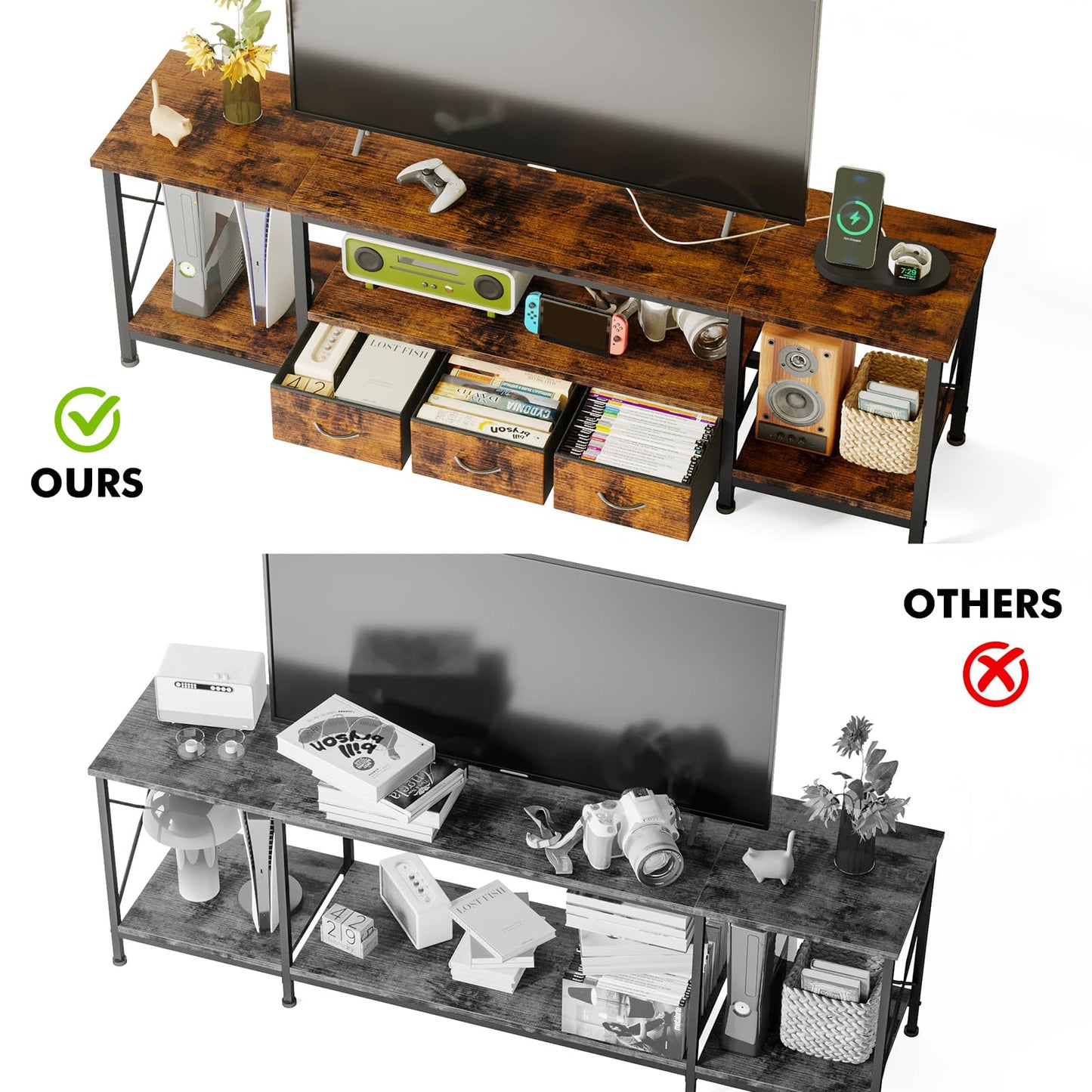 YGEOMER TV Stand for 75 Inch TV Entertainment Center with Power Outlets TV Console Table deepen with Fabric Drawers Metal Frame Storage Shelves and for Living Room, Bedroom 63" Rustic Brown