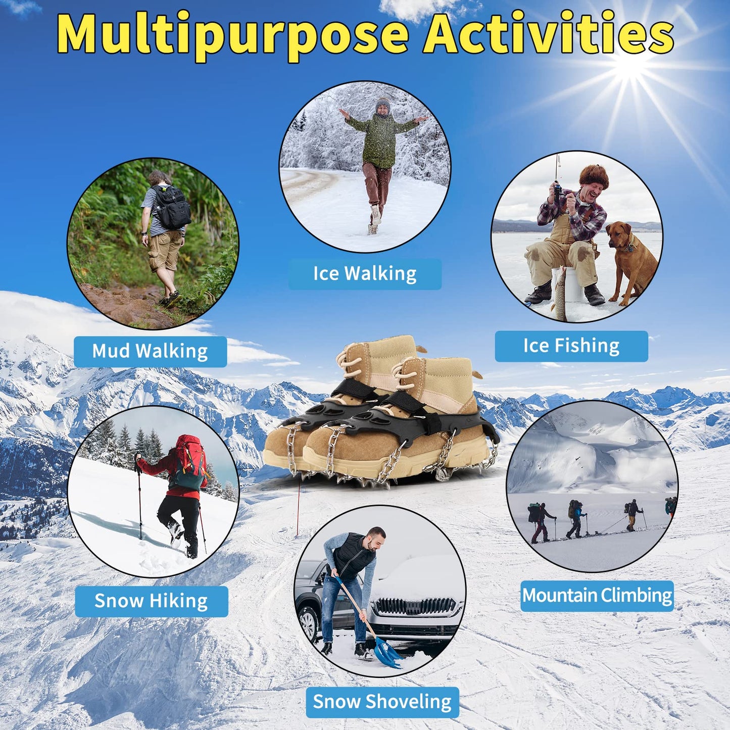 Xproutdoor Ice Cleats, Upgraded Snow Grips 18 Stainless Steel Spikes Crampons, Strong Traction Anti-Slip, Walking Hiking on Ice & Snow Ground, Mountain Climbing, for Shoes Boots, X-Large