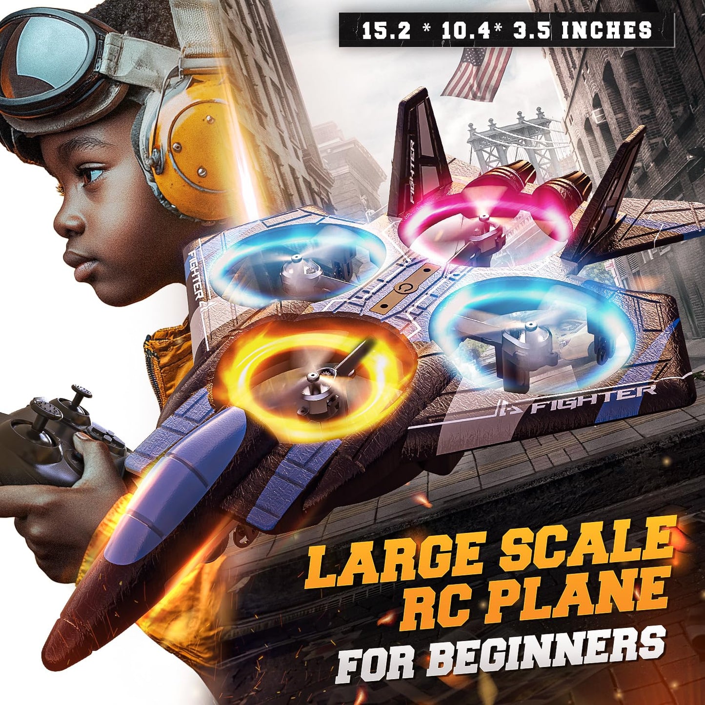 BEZGAR RC Plane for Kids | 2.4GHZ Brushless Drones with Camera, 6-axis Gyro Remote Control Airplane, 360° Flip Fighter Jet Toy, Toys for ages 8-13 with Colorful LED Navigation Lights Blue