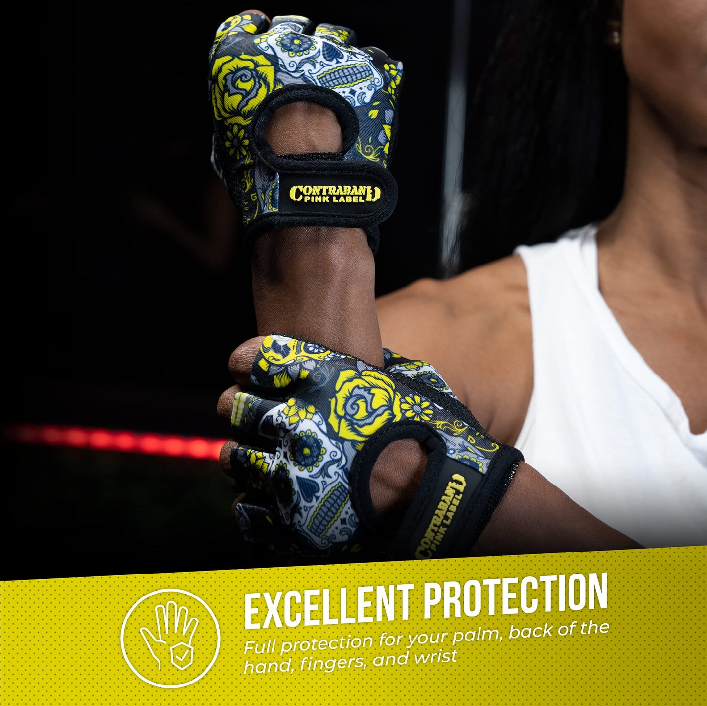 Contraband Pink Label 5237 Womens Design Series Sugar Skull Lifting Gloves (Pair) - Lightweight Vegan Amara Leather Palm w/Griplock Silicone (Yellow, X-Small)