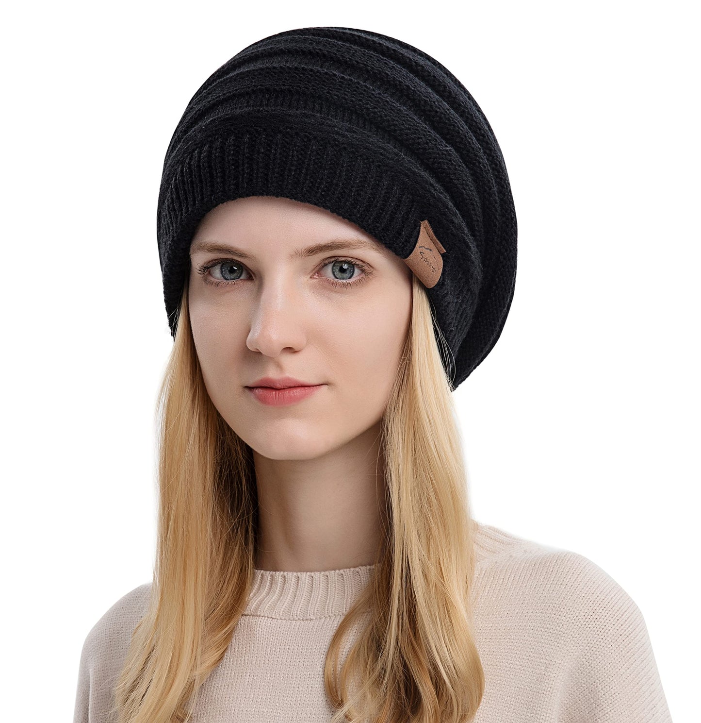 Muryobao Women's Slouchy Beanie Hat Winter Warm Fleece Lined Chunky Baggy Ski Cap Soft Strecth Oversized Cable Knit Hats Black