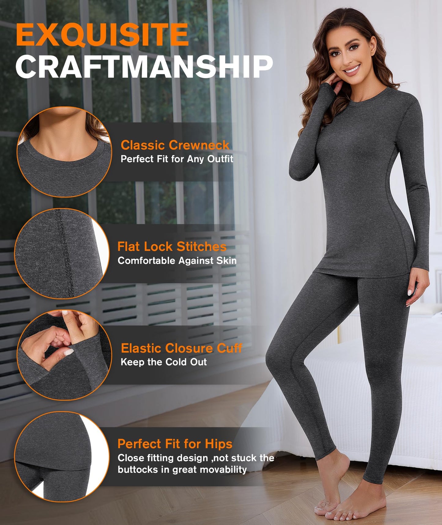 BESTENA Women’s Thermal Underwear Set, Fleece Lined Long Underwear, Warm Base Layer Top and Bottom for Cold Weather