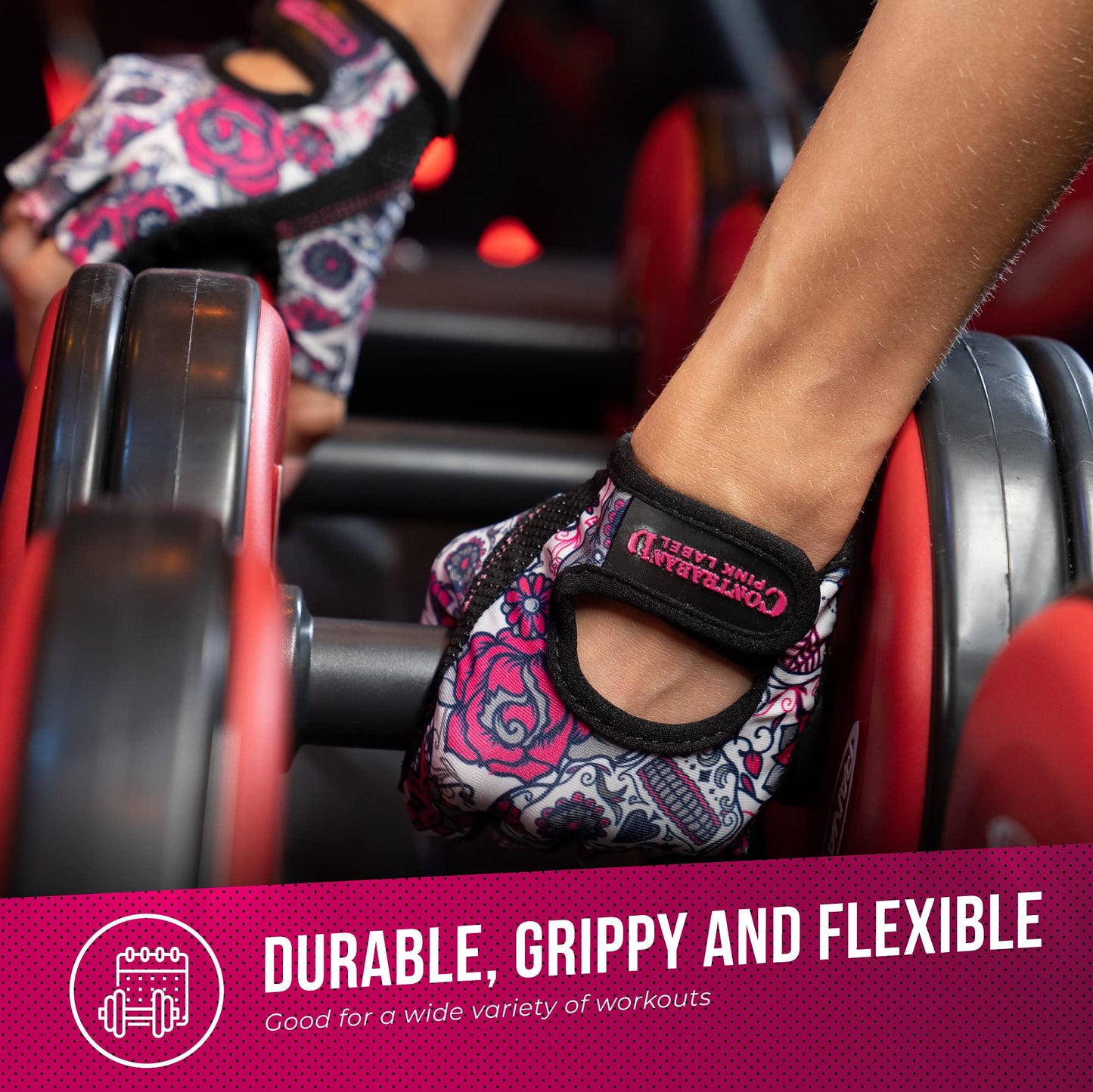 Contraband Pink Label 5237 Womens Designer Workout Gloves | Sugar Skull Print w/Grip-Lock™ Padding (Pink, X-Small)