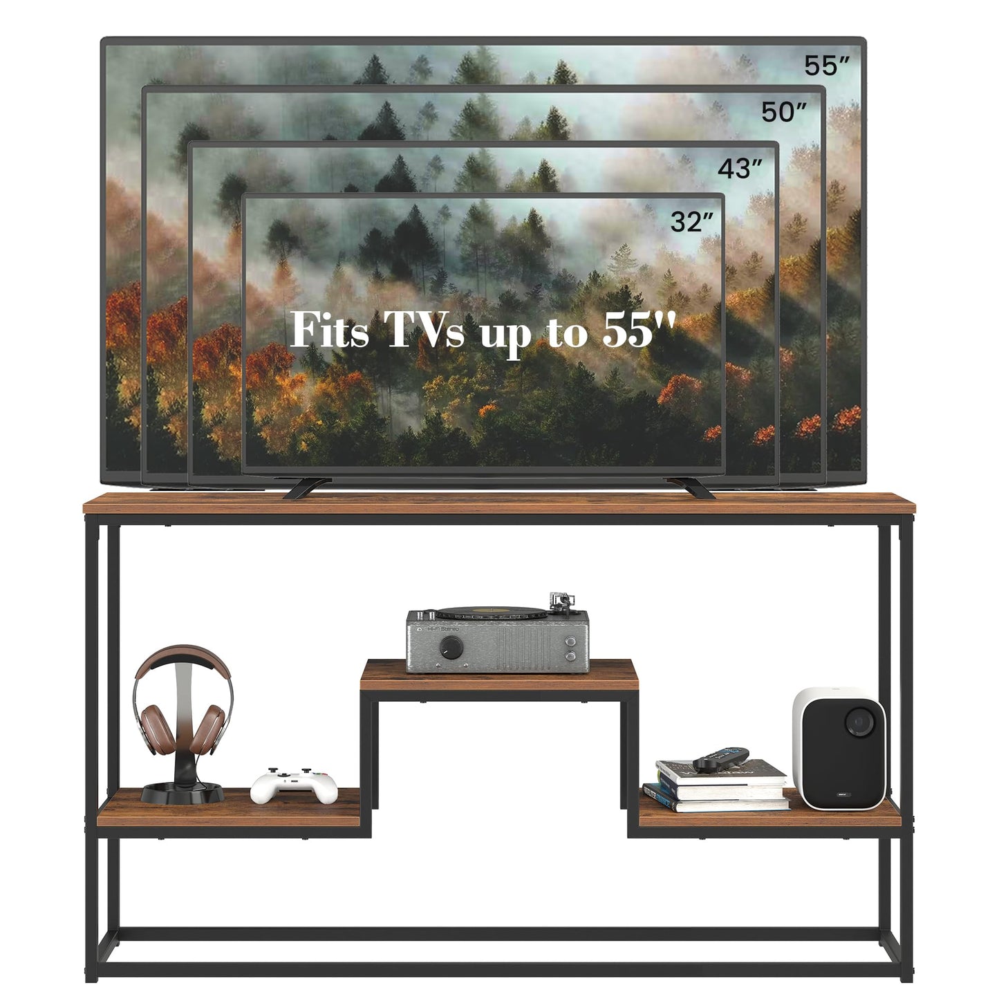 TECHMILLY Tall TV Stand for 55 Inch TV, TV Media Console Table with 3-Tier Open Storage Shelves, Modern Industrial Entertainment Center for Living Room Bedroom, Rustic Brown
