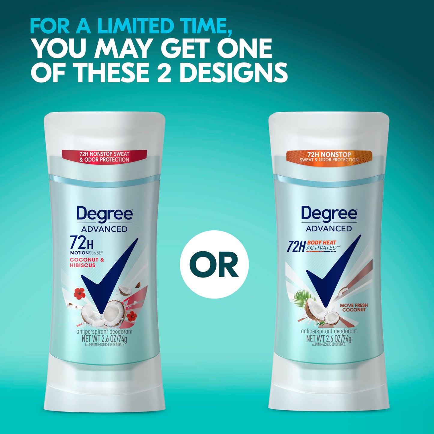 Degree Antiperspirant Deodorant 72-Hour Sweat & Odor Protection Fresh Coconut Deodorant for Women with MotionSense Technology 2.6 oz, Pack of 4