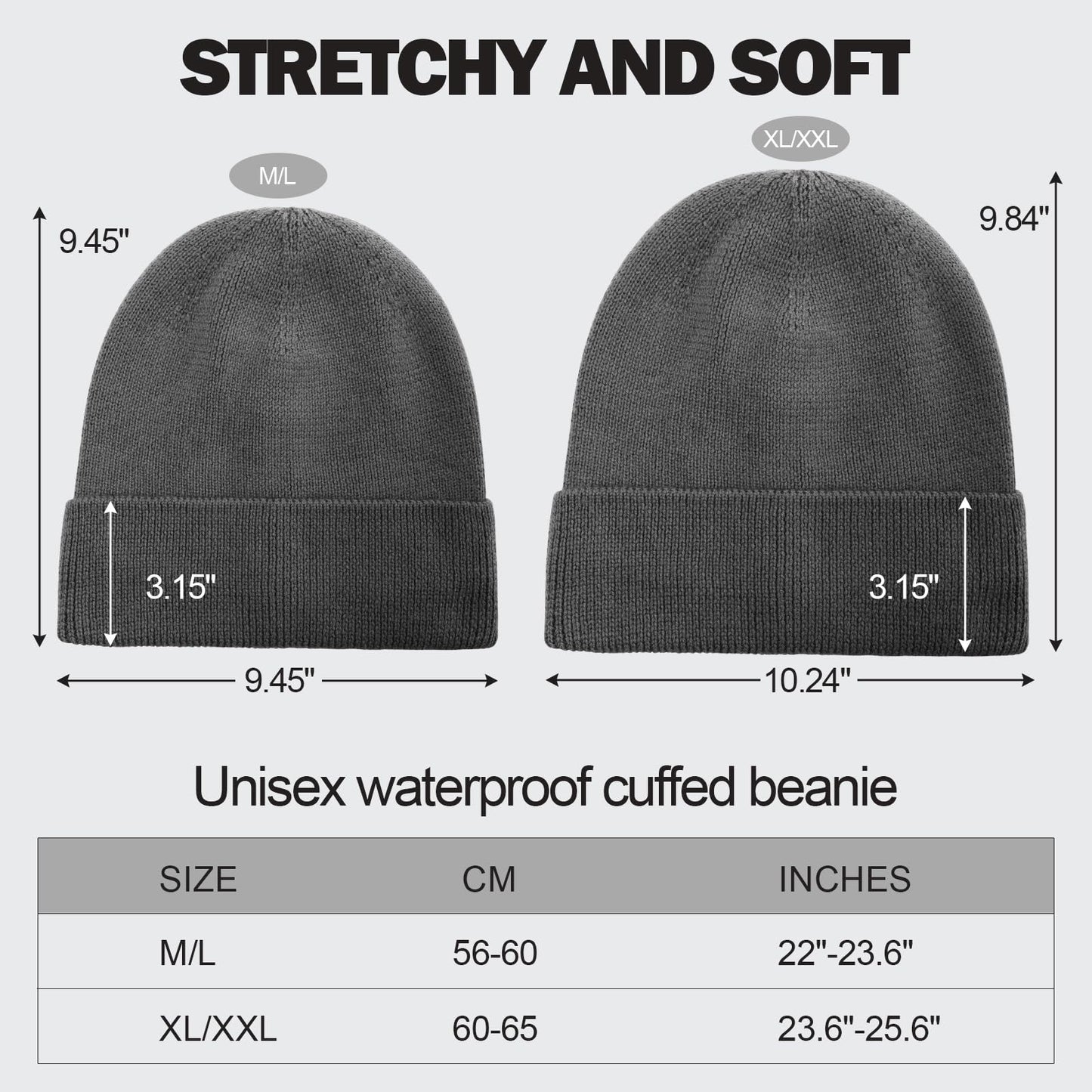 Unisex Merino Wool Waterproof Cold Weather Roll Cuff Beanie Dark Grey XX-Large Warm Fleece Lined Winter Hat for Men Women Big Heads XL XXL