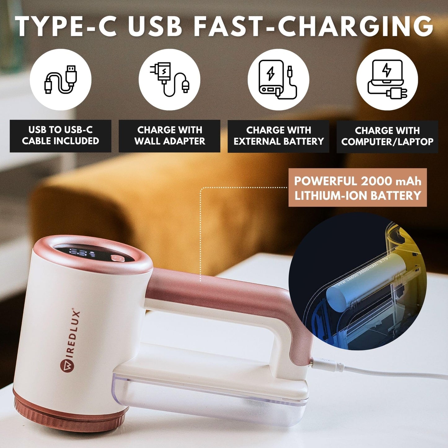 WiredLux Rechargeable Fabric Shaver - Electric Lint Remover for Clothes & Couch - Adjustable 3-Speed, 6-Leaf Blade, LED Display, USB Charging - Depiller with Dual Protection