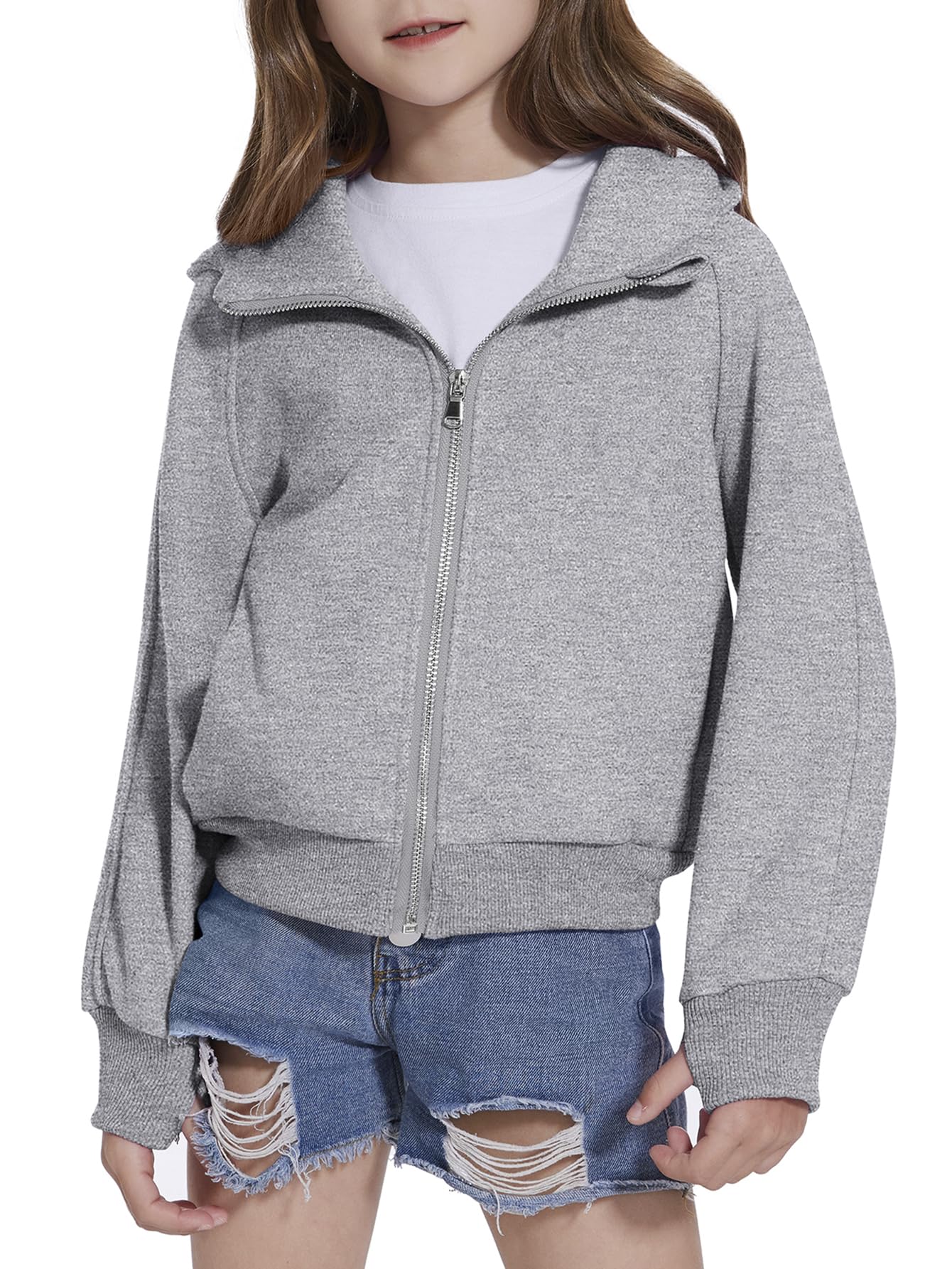 Fdqin Sweatshirt for Girls Zipper Up Cropped Hoodies for Teen Girls Sweatshirts Size 10-12 Winter Clothes Grey 7-8 Years