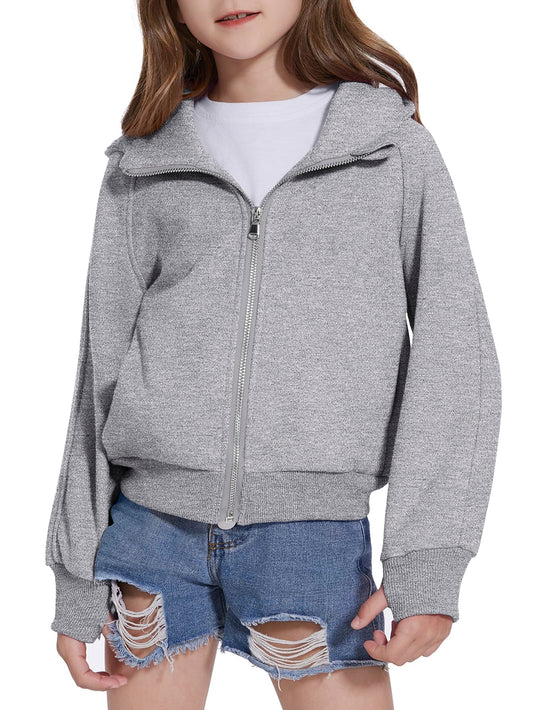 Fdqin Sweatshirt for Girls Zipper Up Cropped Hoodies for Teen Girls Sweatshirts Size 10-12 Winter Clothes Grey 7-8 Years