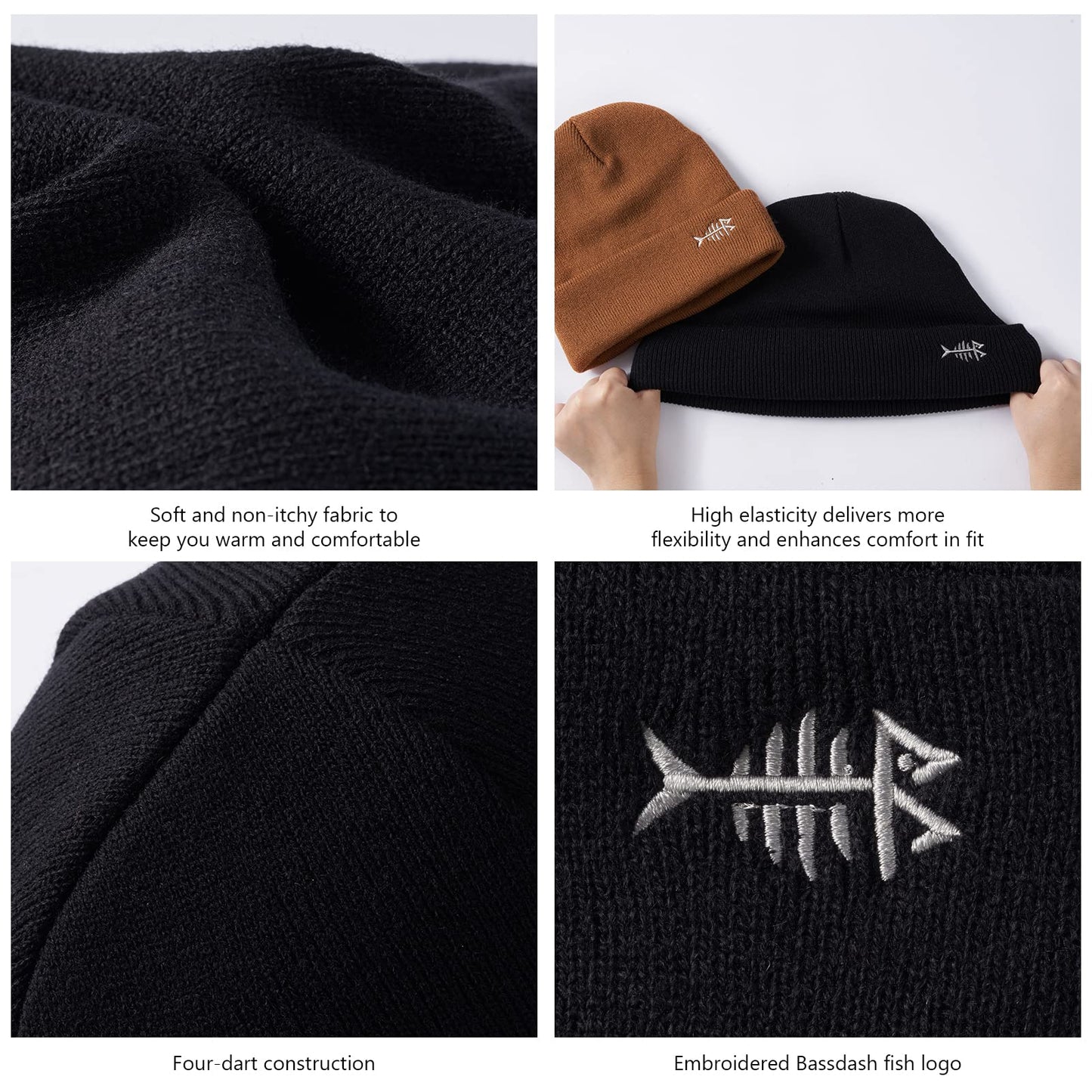 BASSDASH Winter Stretchy Knit Beanie Hats Soft Warm for Men Women Lightweight Stylish Unisex Cuffed Beanies Black