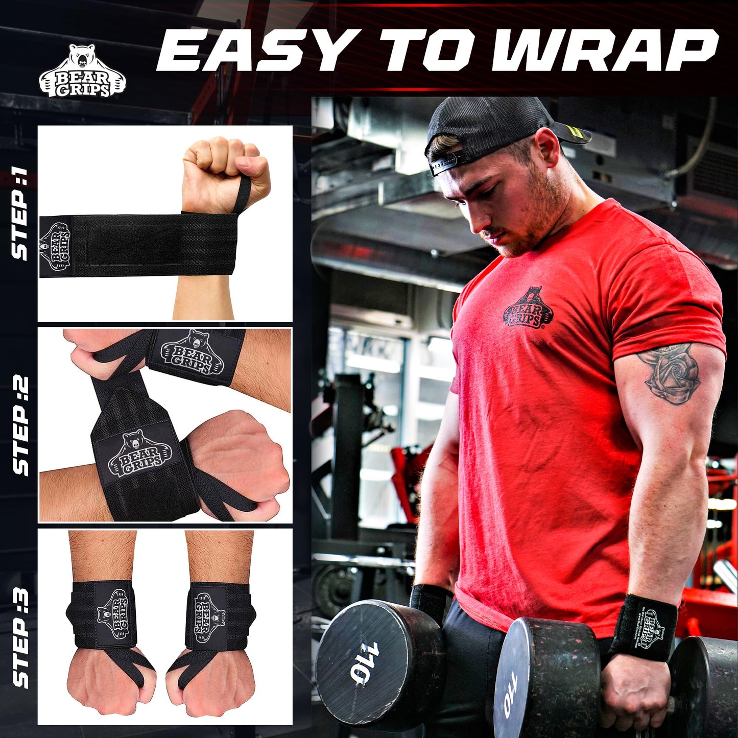 Bear Grips Wrist Wraps for Weightlifting | Weight Lifting Wrist Straps for Weightlifting | Extra Strength Gym Wrist Wraps | Two Wrist Wrap Per Pack | 12” & 18” | Lifting Wrist Wraps for Men & Women