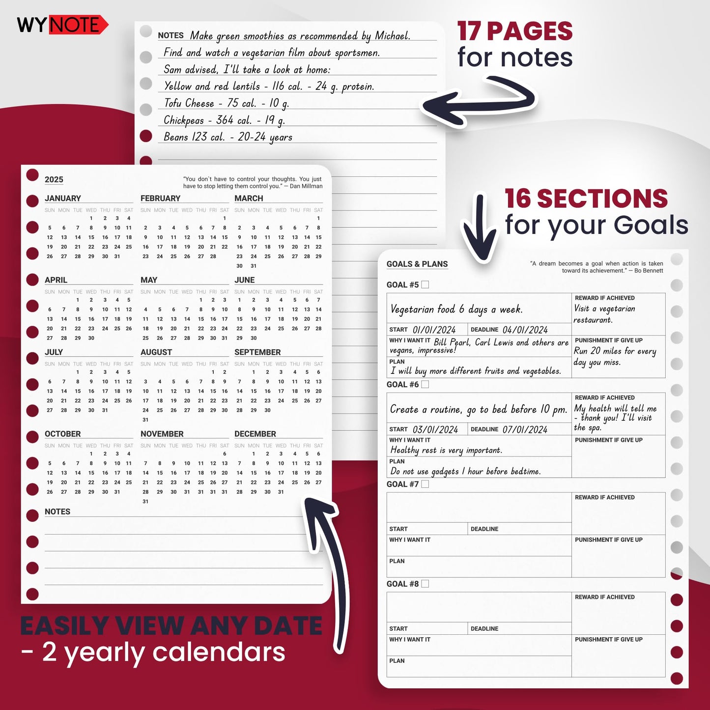 Fitness Journal Burgundy on 150+ Workouts + Yearly Calendar + 55 Tracking Values - A5 Workout Journal with Fat tracking - Planner to 12 items to track + 7 comparative periods + Goals