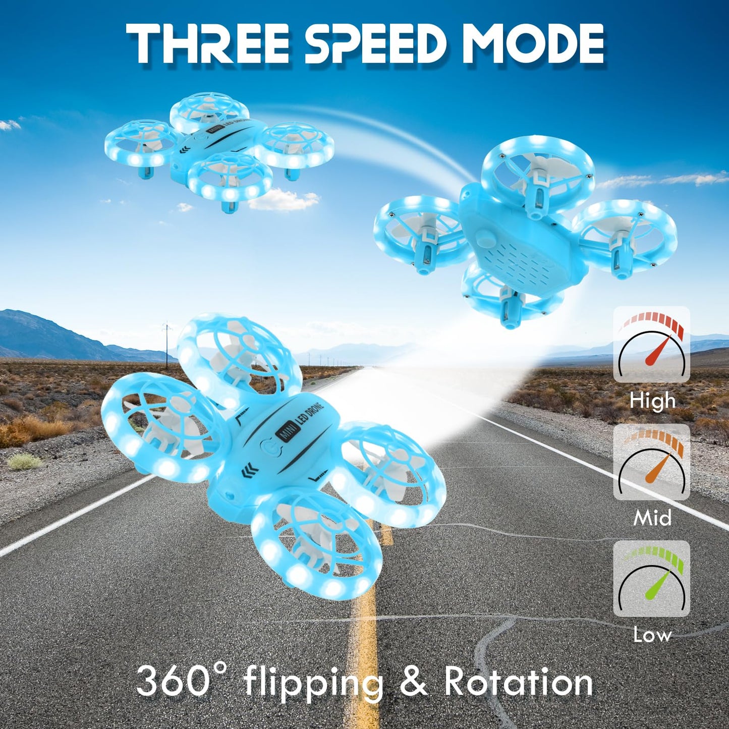 Mini Drone for Kids, Colorful LED RC Drone Quadcopter for Beginners with Headless Mode, 360 Flips, Altitude Hold, 3 Speeds Mode,Full Propeller Protect,Toys Gifts for Boys Girls,Blue