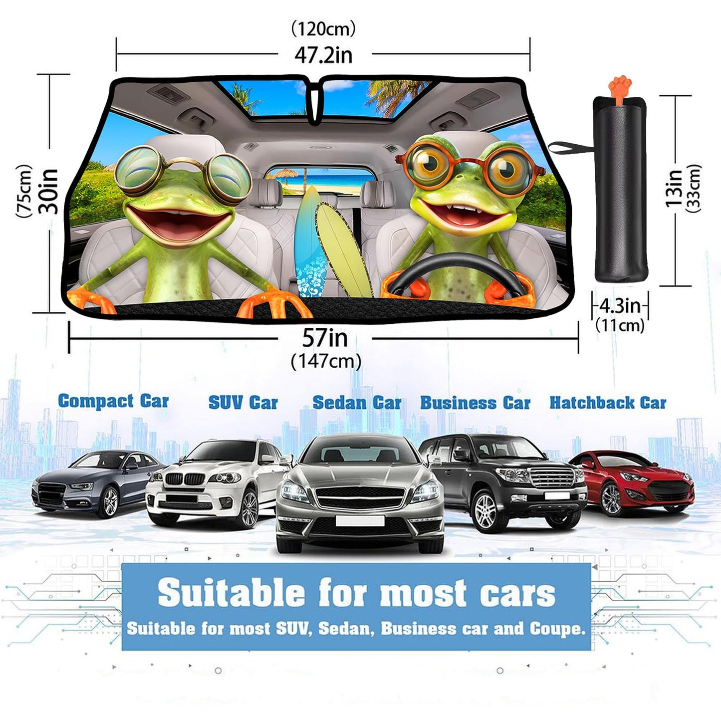 2025 Upgrade Funny Animals Car Windshield Sun Shade Umbrella 5 Layers Nano Coatings Frog Driving Car Front Window UV Block Sunshade Cover for Most Cars SUV Universal Size 57"x30"