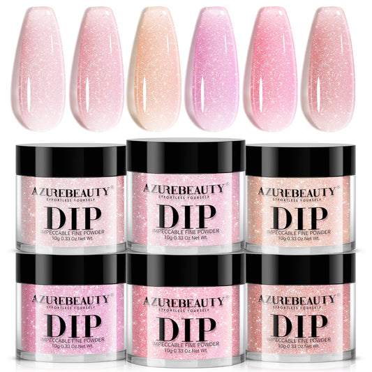 AZUREBEAUTY Dip Powder Nail Kit, 6 Colors Jelly Pink Transparent Nude Hot Pink Peach Dip Dipping Powder Starter Set, French Nail Art Manicure DIY Salon, No Need Nail Lamp Cured Mother's Day Gift