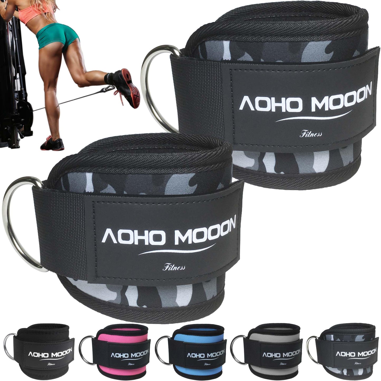 AOHO MOOON (Pair Comfortable Adjustable Ankle Straps for Cable Machines Women, Gym Workout Leg Straps, Ankle Cuffs for Glute Workouts, Foot Straps for Kickback, One Size Fit All with D Ring