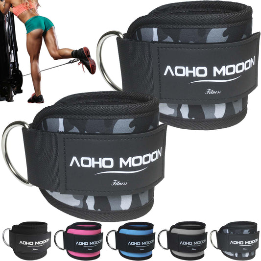 AOHO MOOON (Pair Comfortable Adjustable Ankle Straps for Cable Machines Women, Gym Workout Leg Straps, Ankle Cuffs for Glute Workouts, Foot Straps for Kickback, One Size Fit All with D Ring