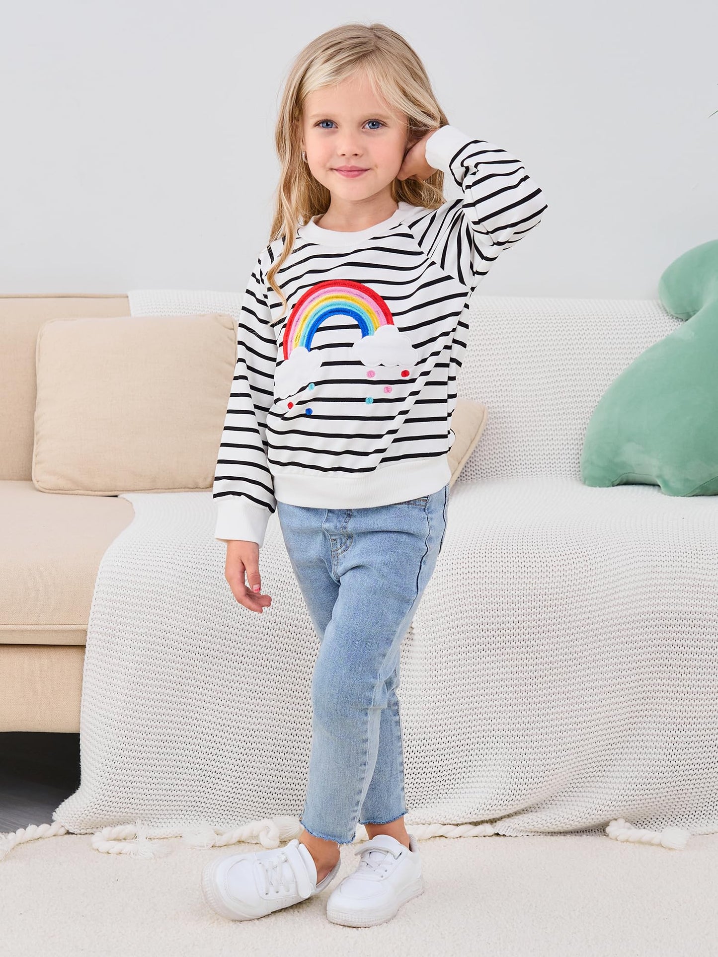 NUBEEHOHO Toddler Girls Sweatshirt Rainbow Stripe Long Sleeve Shirt Baby Cotton Crewneck Pullover Sweater Kids Fall Winter Clothes White 5T/8391