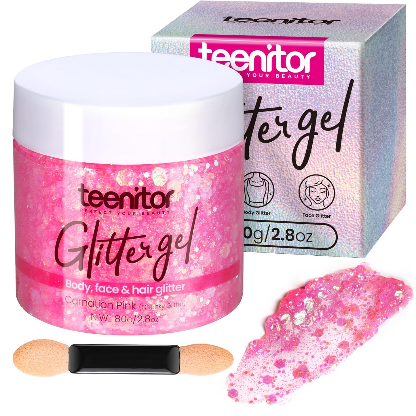 Teenitor Face Glitter, Pink Body Glitter Gel, Hair Glitter Gel, 80g/2.8oz Holographic Rave Glitter for Face and Body