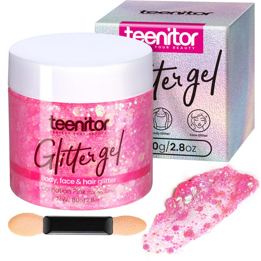 Teenitor Face Glitter, Pink Body Glitter Gel, Hair Glitter Gel, 80g/2.8oz Holographic Rave Glitter for Face and Body