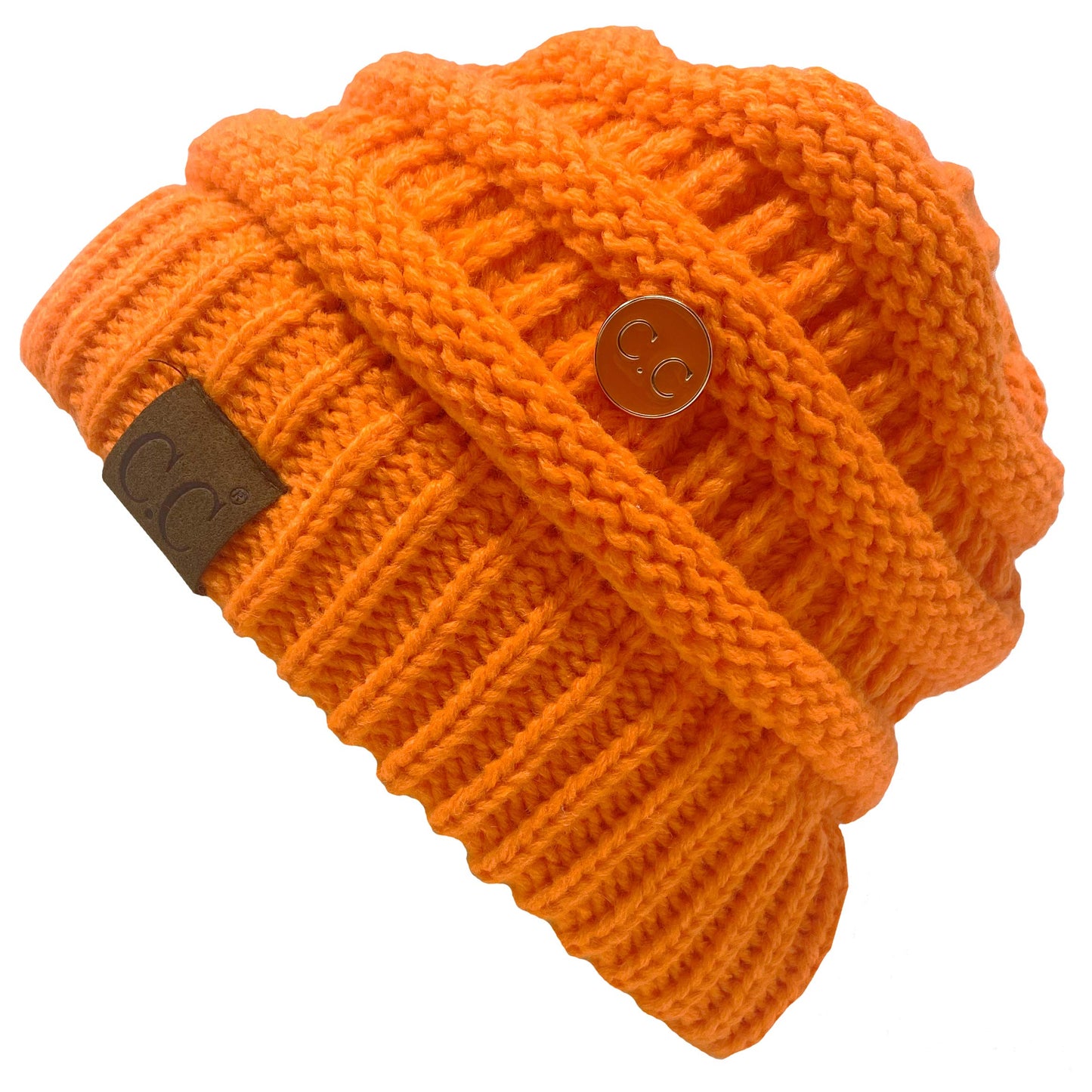 Funky Junque Women's Beanie Hat with Side Buttons, Ribbed Knit Slouchy Winter Cap, Neon Orange