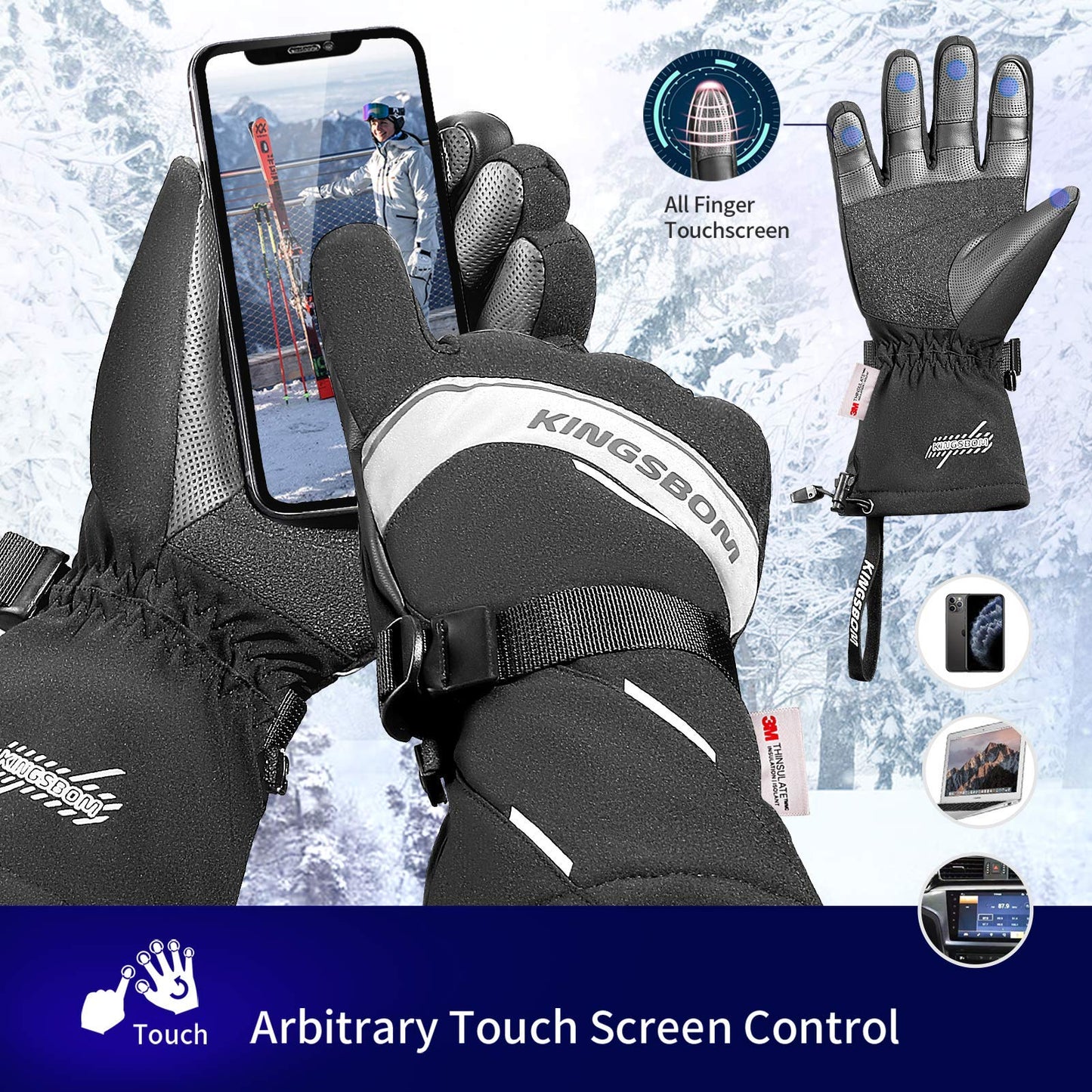 KINGSBOM Waterproof Ski & Snow Gloves, 3M Thinsulate Winter Warm Touch Screen Snowboard Gloves for Men & Women