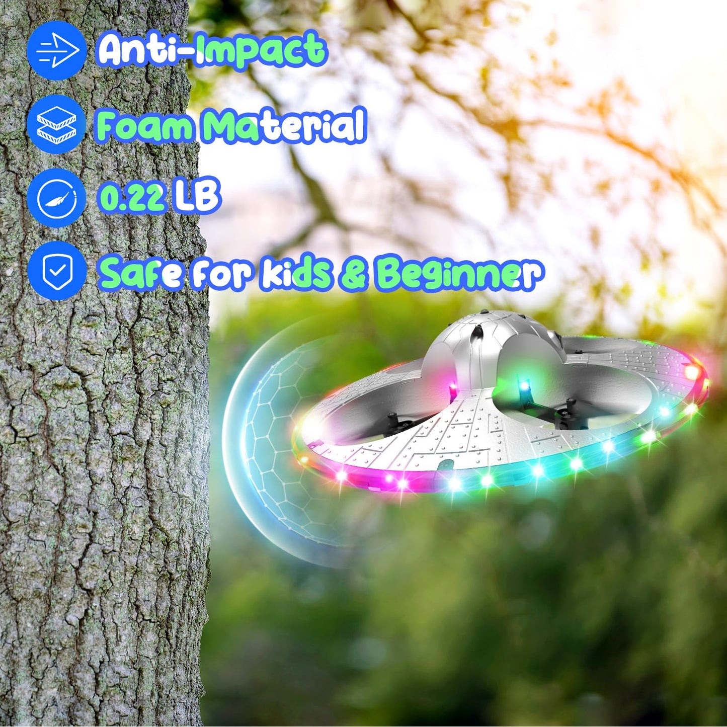 Foam UFO Drone for Kids–RC Plane with Colorful LED Lights, Remote Control Helicopter with Auto Hover, 2 Batteries (15 Mins Flight)