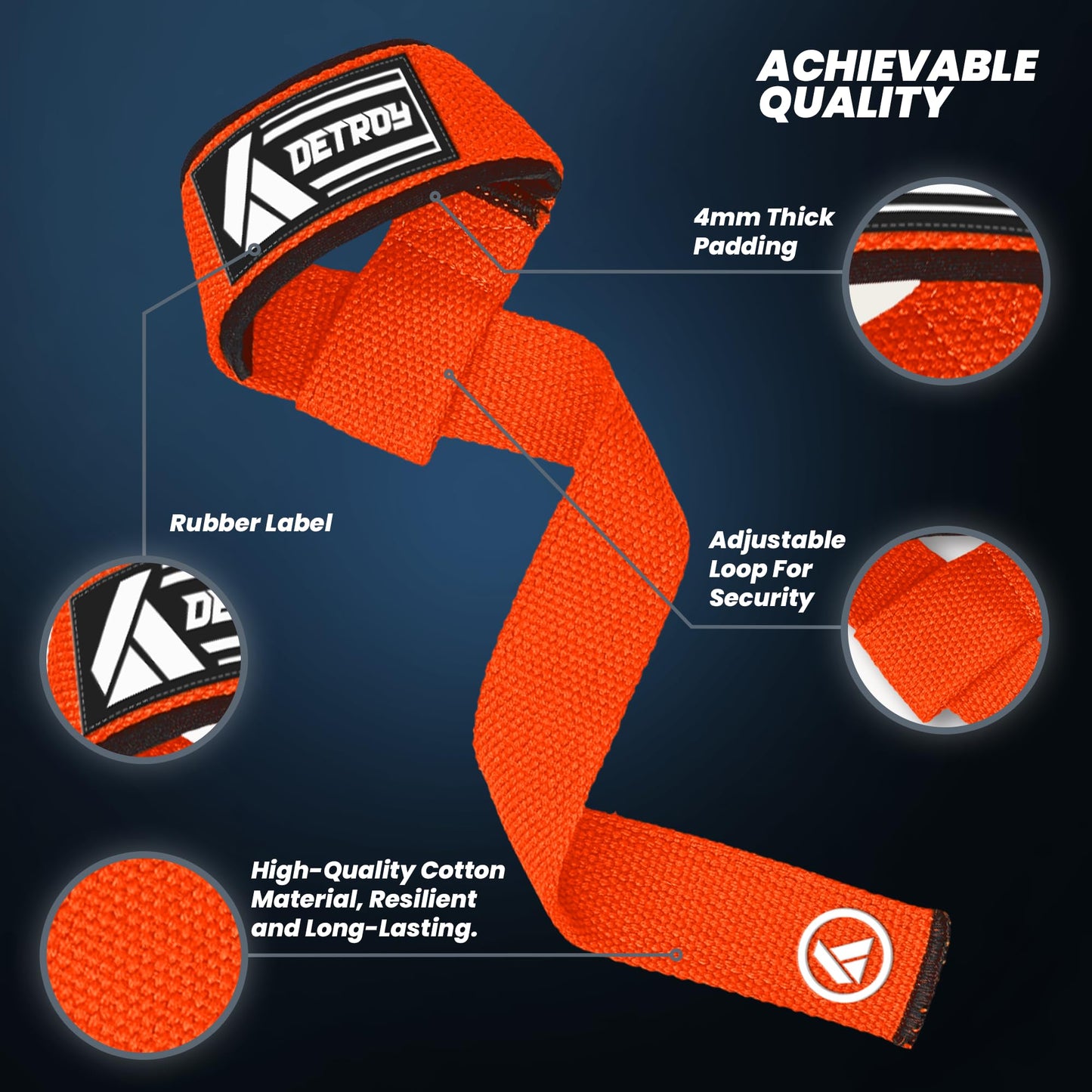 Detroy® Lifting Wrist Straps for Weightlifting, Deadlifts, Bodybuilding, Powerlifting, Gym Strength Training Workouts - Padded Neoprene with 24 inch Webbing Cotton with Silicone Grip for Men & Women (Orange)