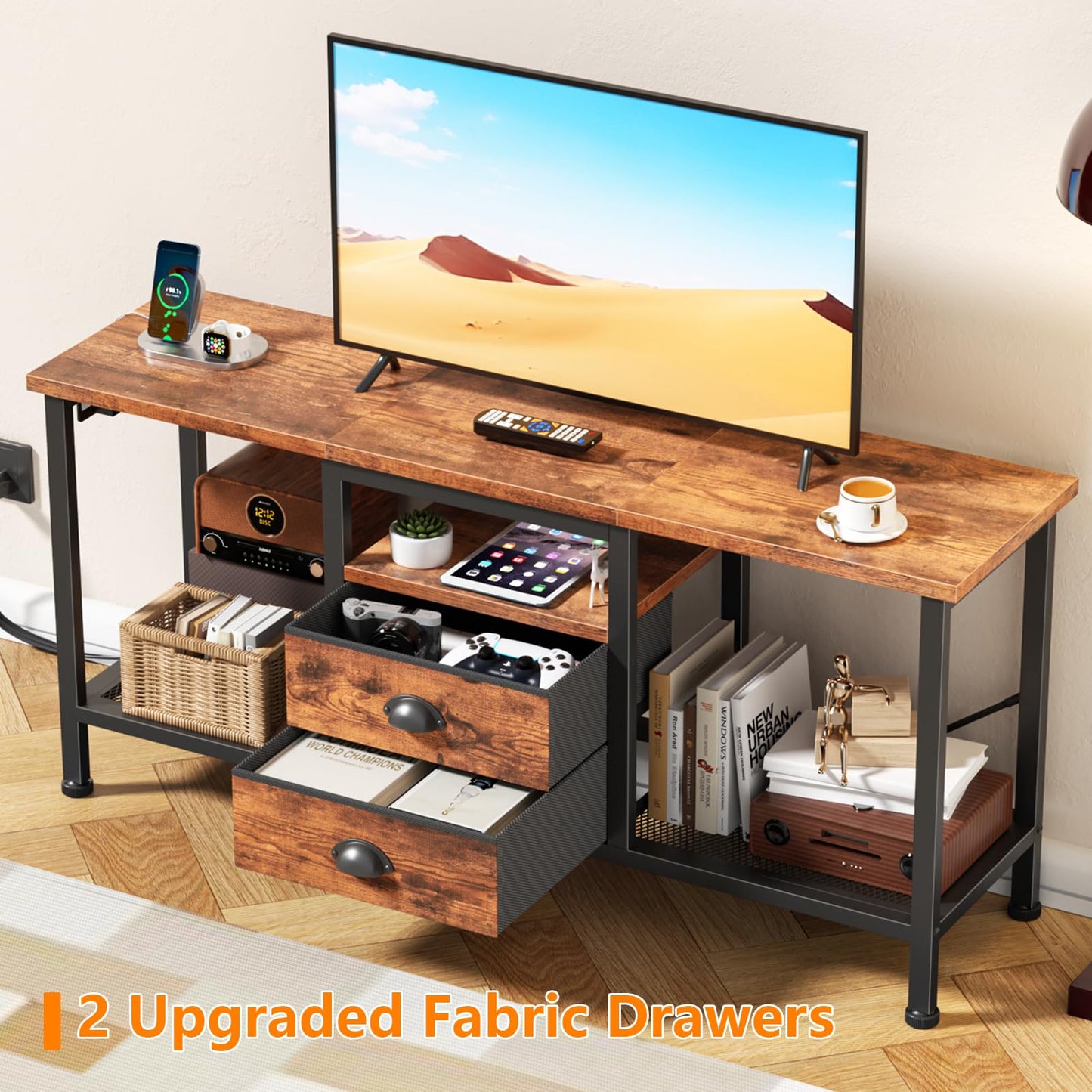 Furologee TV Stand with Power Outlets and 2 Fabric Drawers, 42 Inch Small Entertainment Center with Open Storage Shelves, Simple TV Console Table for Bedroom, Living Room, Rustic Brown