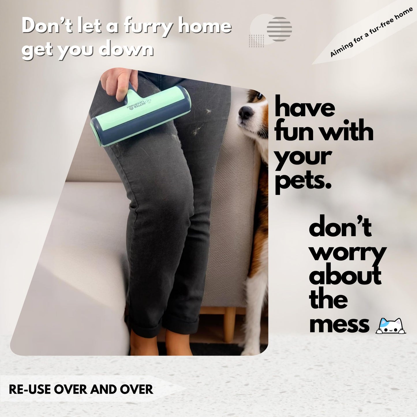 Better Lifeworks Reusable Pet Hair Remover-Lint Roller for Couch, Furniture, Carpet, Clothing and Bedding, Eco-Friendly Cat and Dog Hair Remover, Portable Pet Hair Removal Tool in Mint Green